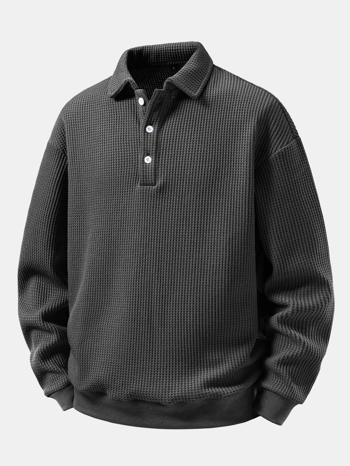 Men's Waffle Textured Polo Sweatshirt – Relaxed Fit Long Sleeve - Grey