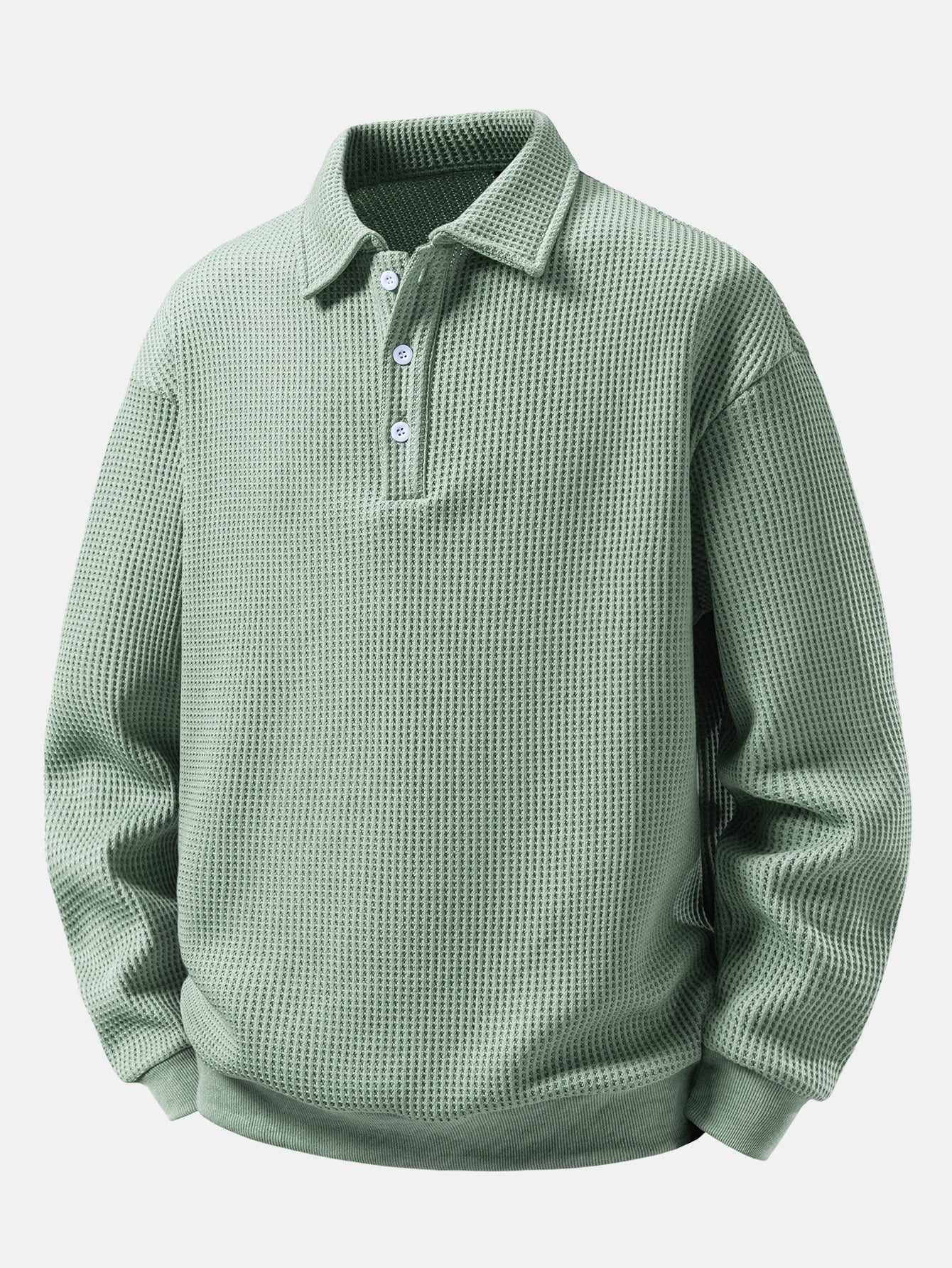 Men's Waffle Textured Polo Sweatshirt – Relaxed Fit Long Sleeve - Light Green