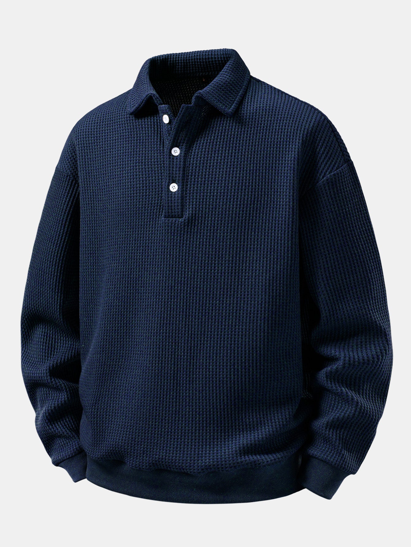 Men's Waffle Textured Polo Sweatshirt – Relaxed Fit Long Sleeve - Navy