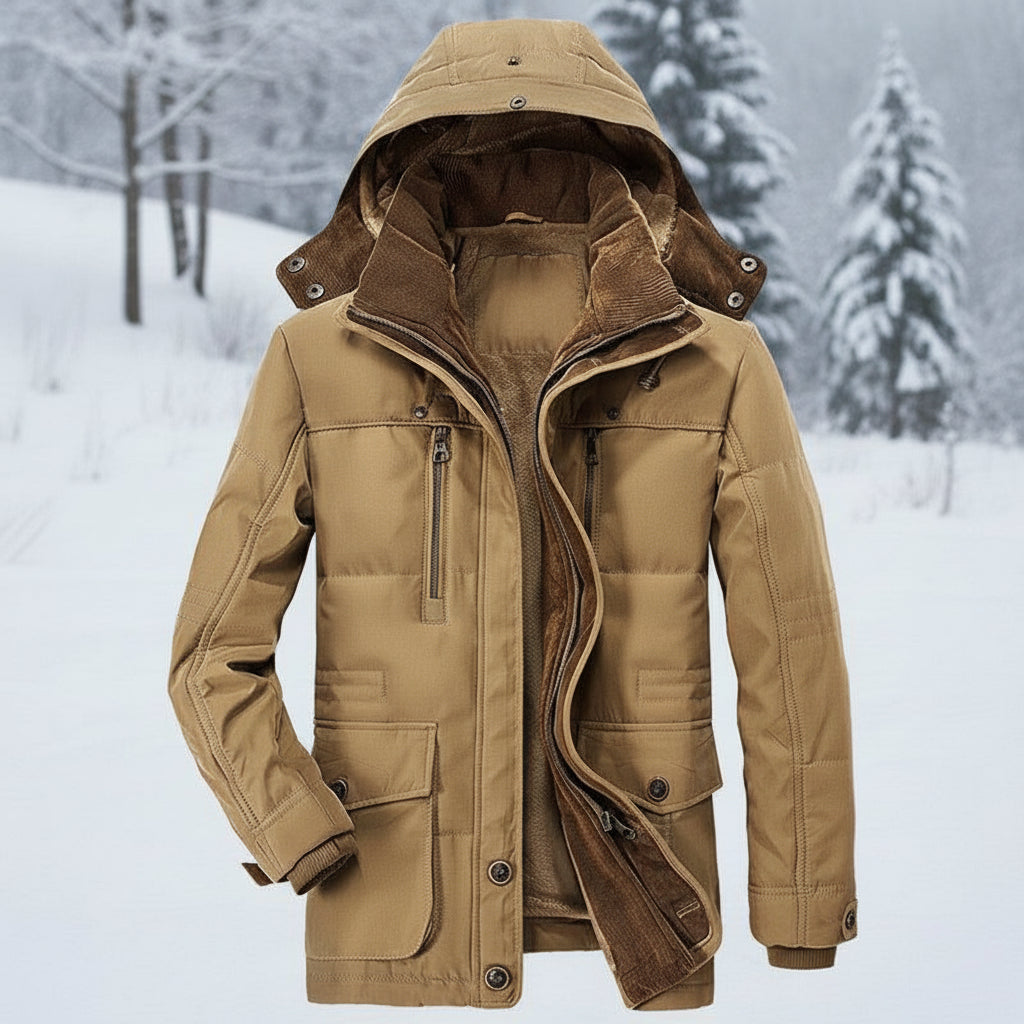 Men's Waterproof Hooded Parka Jacket in beige, Winter Outdoor Coat