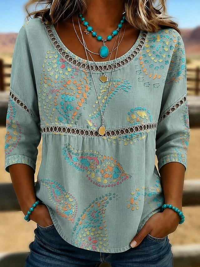 Women's Bohemian Eyelet Top in blue, Relaxed Fit 3/4 Sleeves