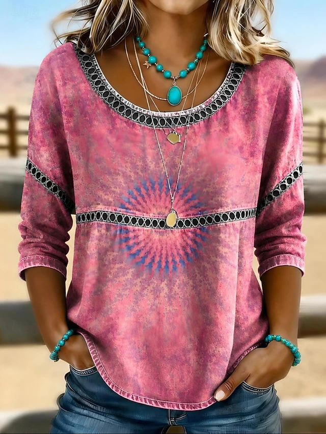 Women's Bohemian Eyelet Top in pink, Relaxed Fit 3/4 Sleeves