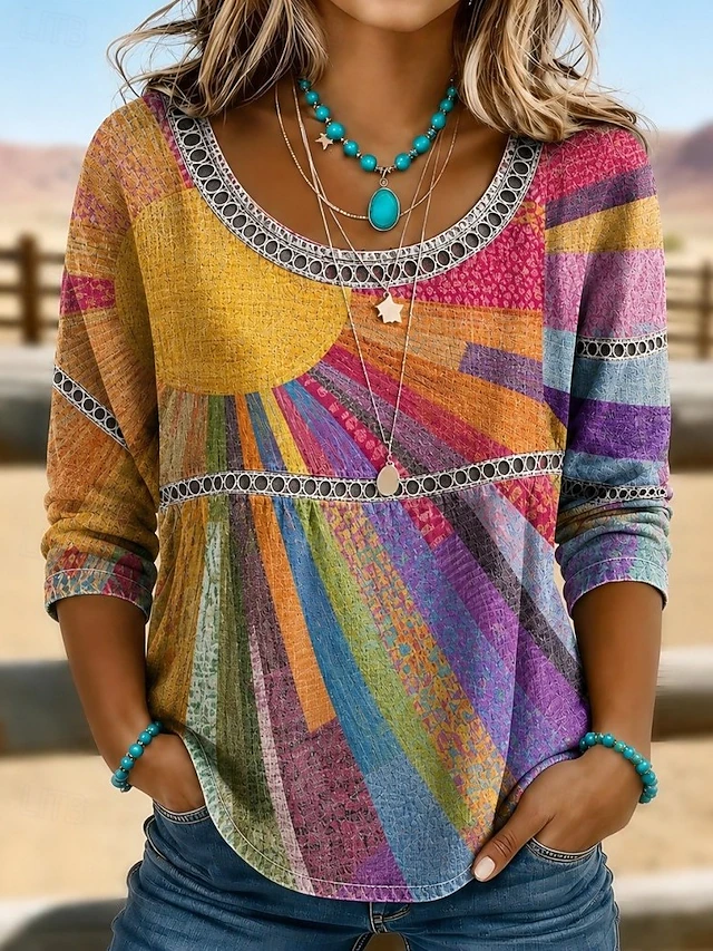 Women's Bohemian Eyelet Top in rainbow, Relaxed Fit 3/4 Sleeves