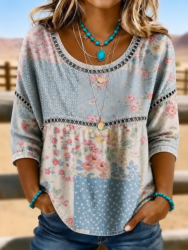 Women's Bohemian Eyelet Top in sage green, Relaxed Fit 3/4 Sleeves