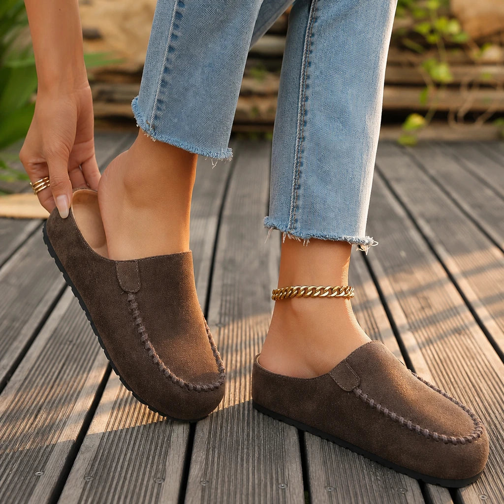 Women's Brown Backless Round-Toe Flat Shoes in brown, Casual Comfort