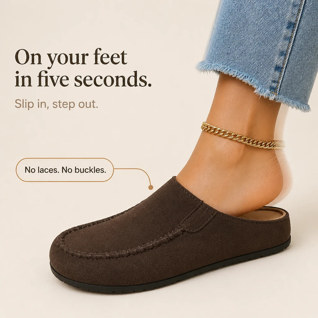 Women's Brown Backless Round-Toe Flat Shoes - Casual Comfort