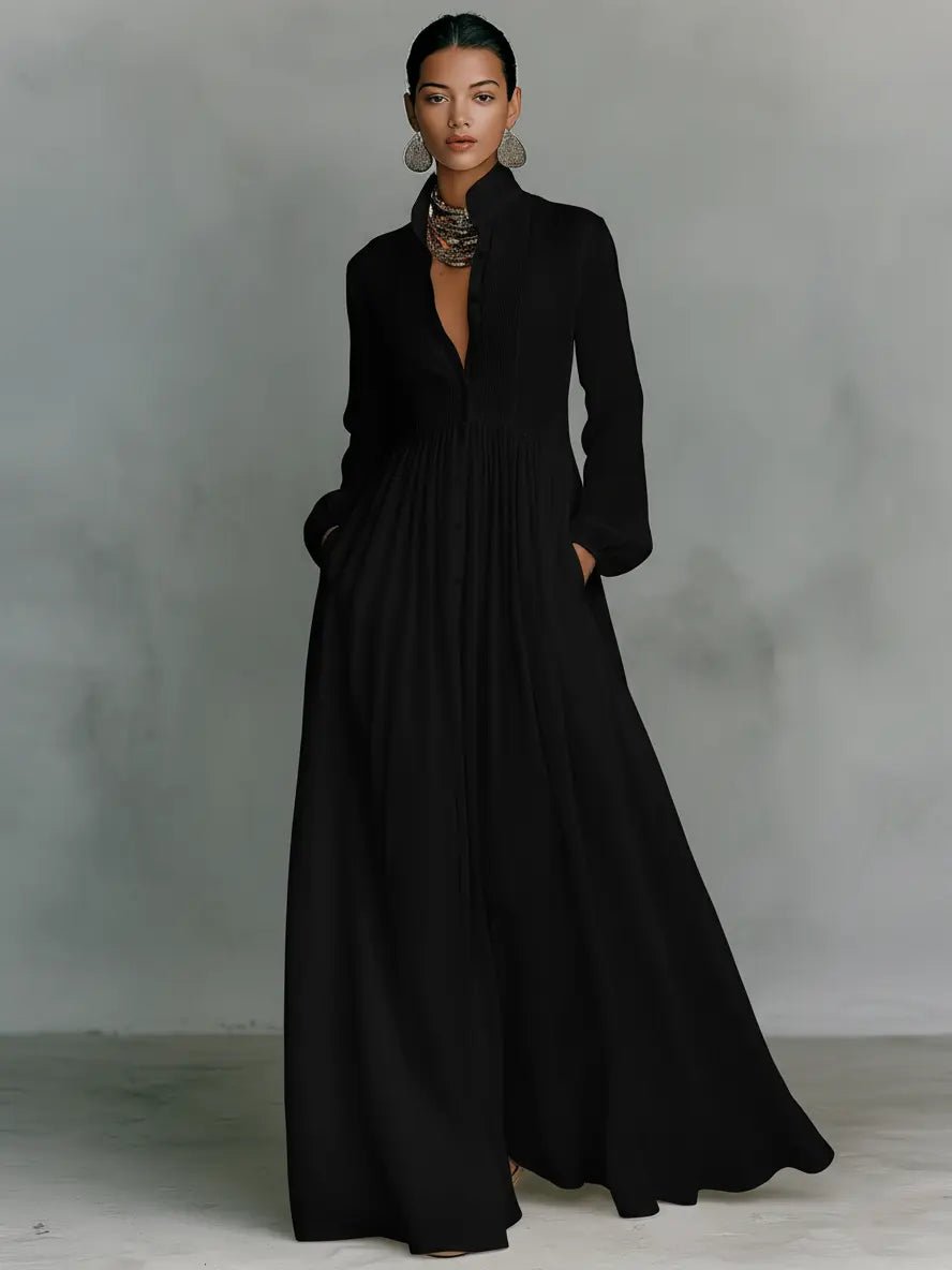 Women's Button-Front Maxi Dress in black, Flowing Elegance