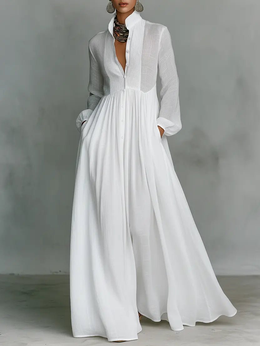 Women's Button-Front Maxi Dress in white, Flowing Elegance