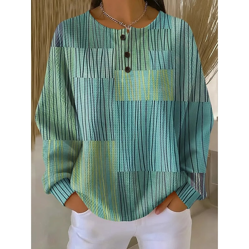 Women's Button-Neck Print Sweatshirt in green, Relaxed Fit