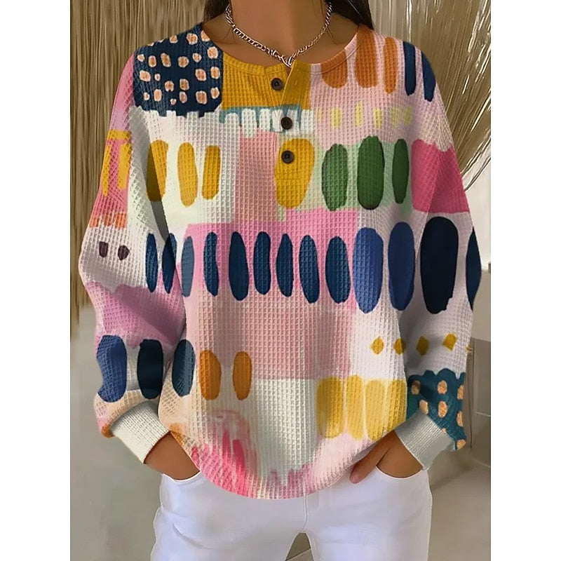 Women's Button-Neck Print Sweatshirt in pink, Relaxed Fit