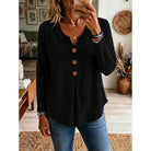 Women's Buttoned V-Neck Ribbed Top in black, Relaxed Fit