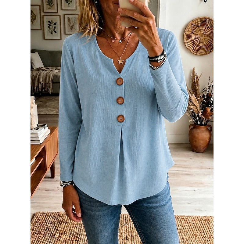 Women's Buttoned V-Neck Ribbed Top in blue, Relaxed Fit
