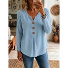 Women's Buttoned V-Neck Ribbed Top in blue, Relaxed Fit
