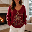 Women's Christmas Tree Graphic Sweater in burgundy, Relaxed Fit