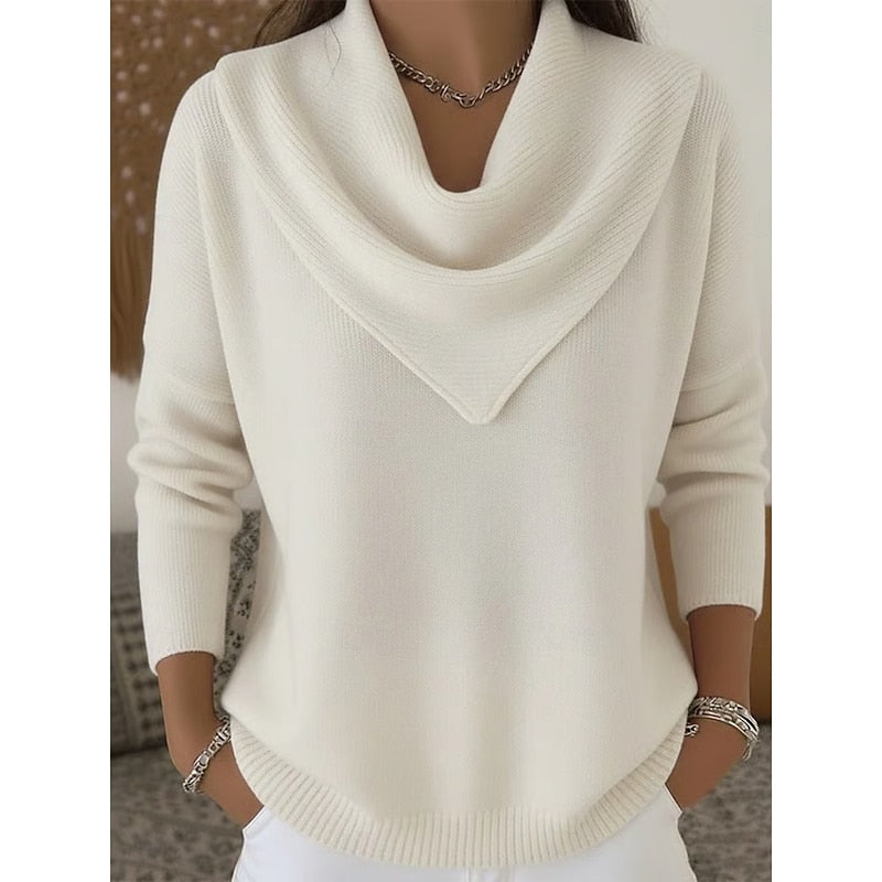 Women's Cowl-Neck Sweater in white, Elegant Draped Knit
