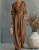Women's Crossover Jumpsuit in brown, Wide Leg Elegant