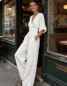 Women's Crossover Jumpsuit in white, Wide Leg Elegant