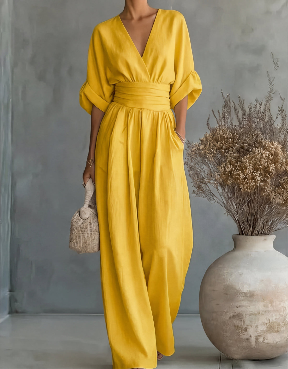Women's Crossover Jumpsuit in yellow, Wide Leg Elegant
