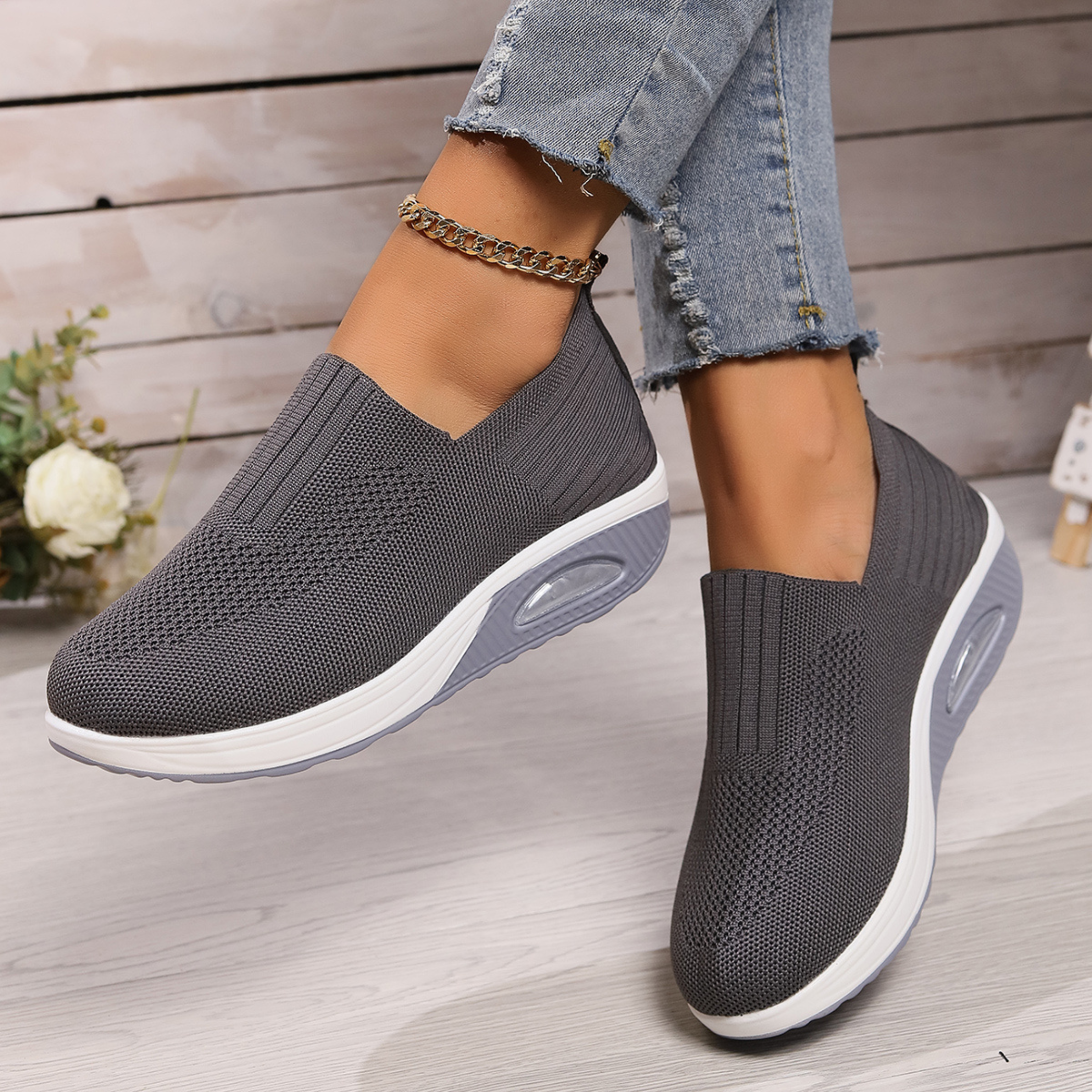 Women's Cushioned Slip-On Sneakers in grey, Lightweight Comfort