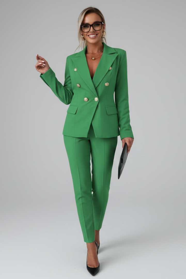 Women's Double-Breasted Tailored Suit Set in green, Blazer & Trousers