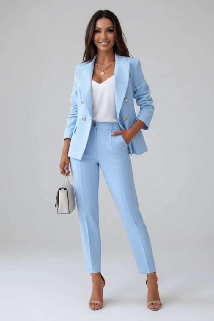 Women's Double-Breasted Tailored Suit Set in light blue, Blazer & Trousers