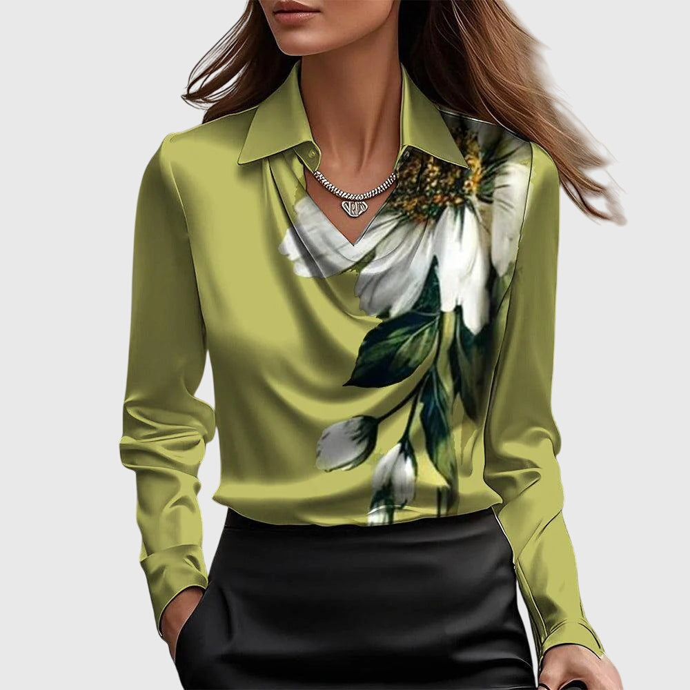 Women's Draped Elegant Blouse in green, Soft Neckline