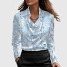 Women's Draped Elegant Blouse in light blue floral, Soft Neckline
