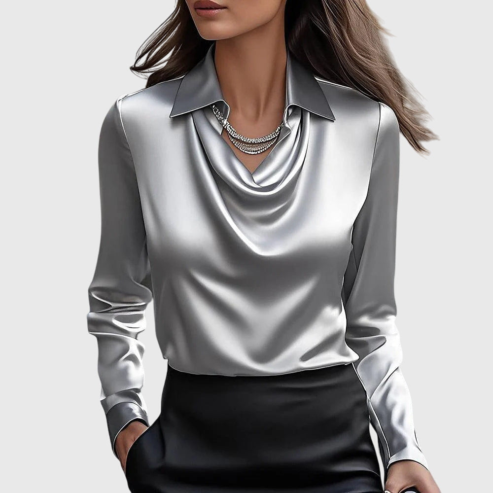 Women's Draped Elegant Blouse in silver, Soft Neckline
