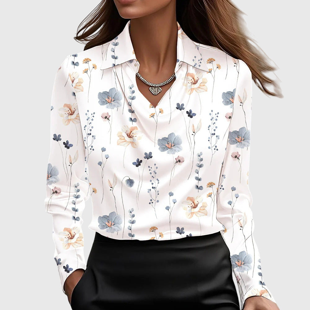 Women's Draped Elegant Blouse in white floral, Soft Neckline
