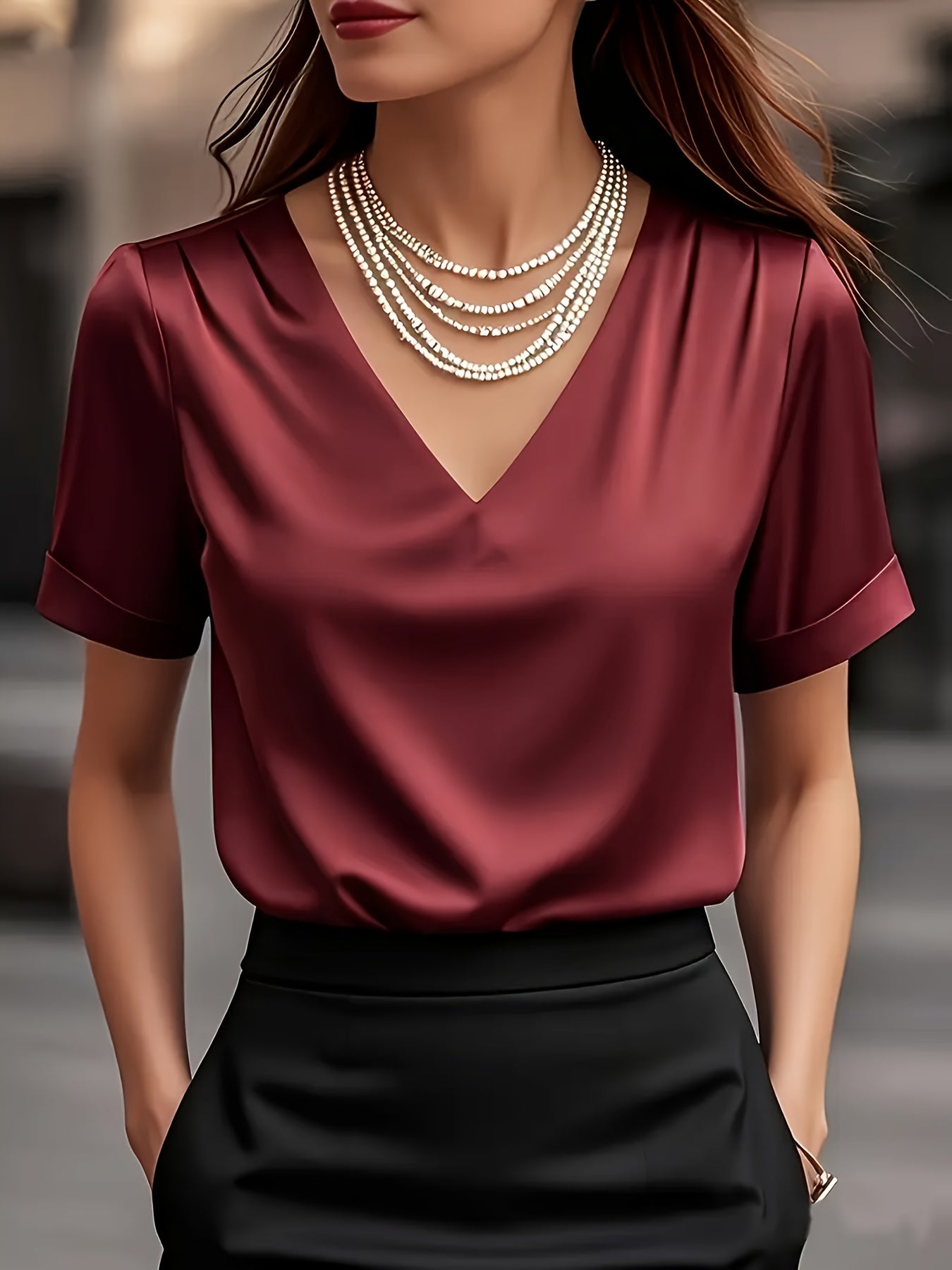Women's Draped V-Neck Blouse - Elegant Short Sleeve