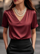 Women's Draped V-Neck Blouse - Elegant Short Sleeve