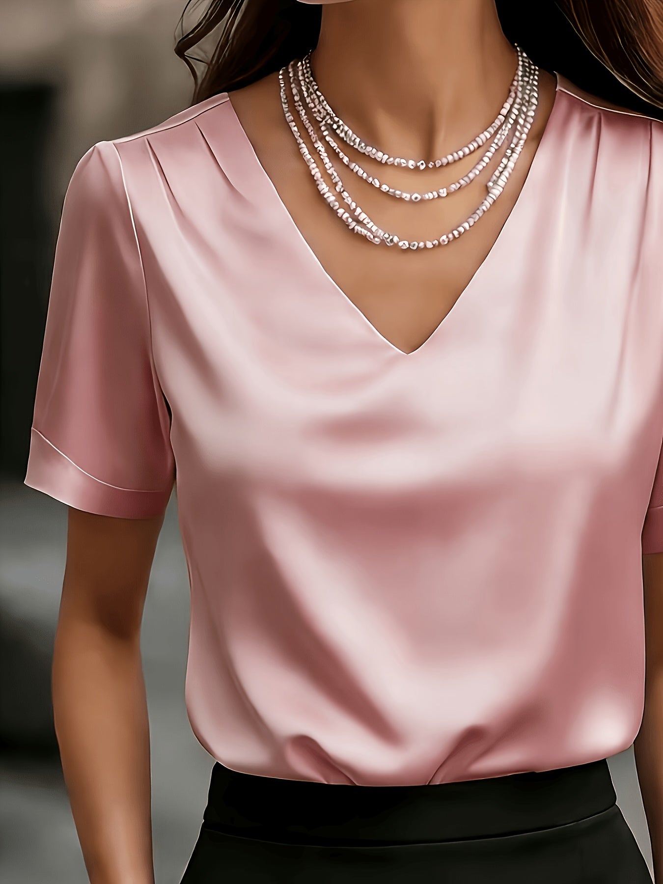 Women's Draped V-Neck Blouse - Elegant Short Sleeve