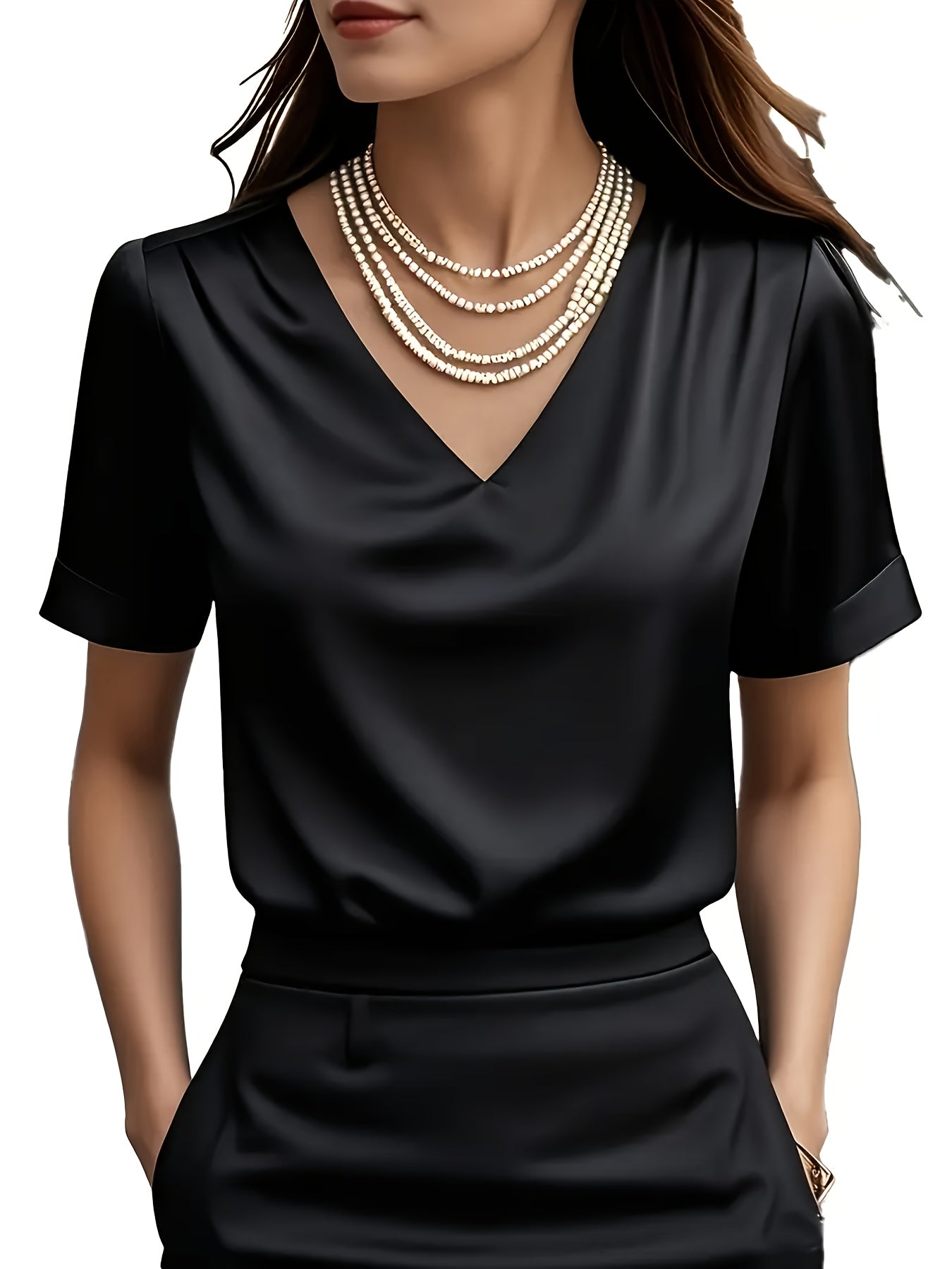 Women's Draped V-Neck Blouse - Elegant Short Sleeve