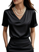 Women's Draped V-Neck Blouse - Elegant Short Sleeve
