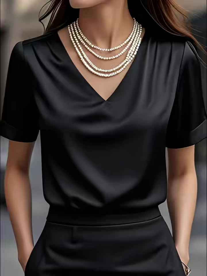Women's Draped V-Neck Blouse - Elegant Short Sleeve