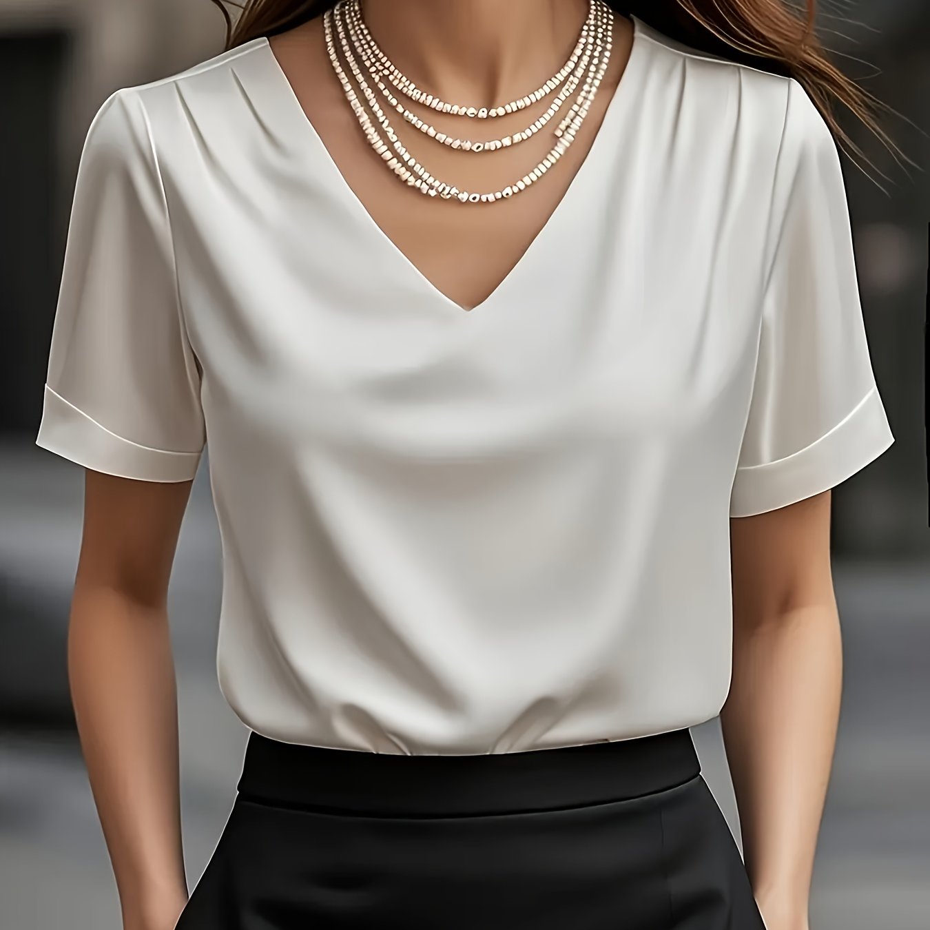 Women's Draped V-Neck Blouse in white, Elegant Short Sleeve