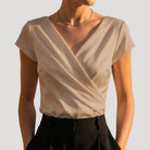 Women's Draped Wrap-Front Blouse in khaki, Elegant V-Neck