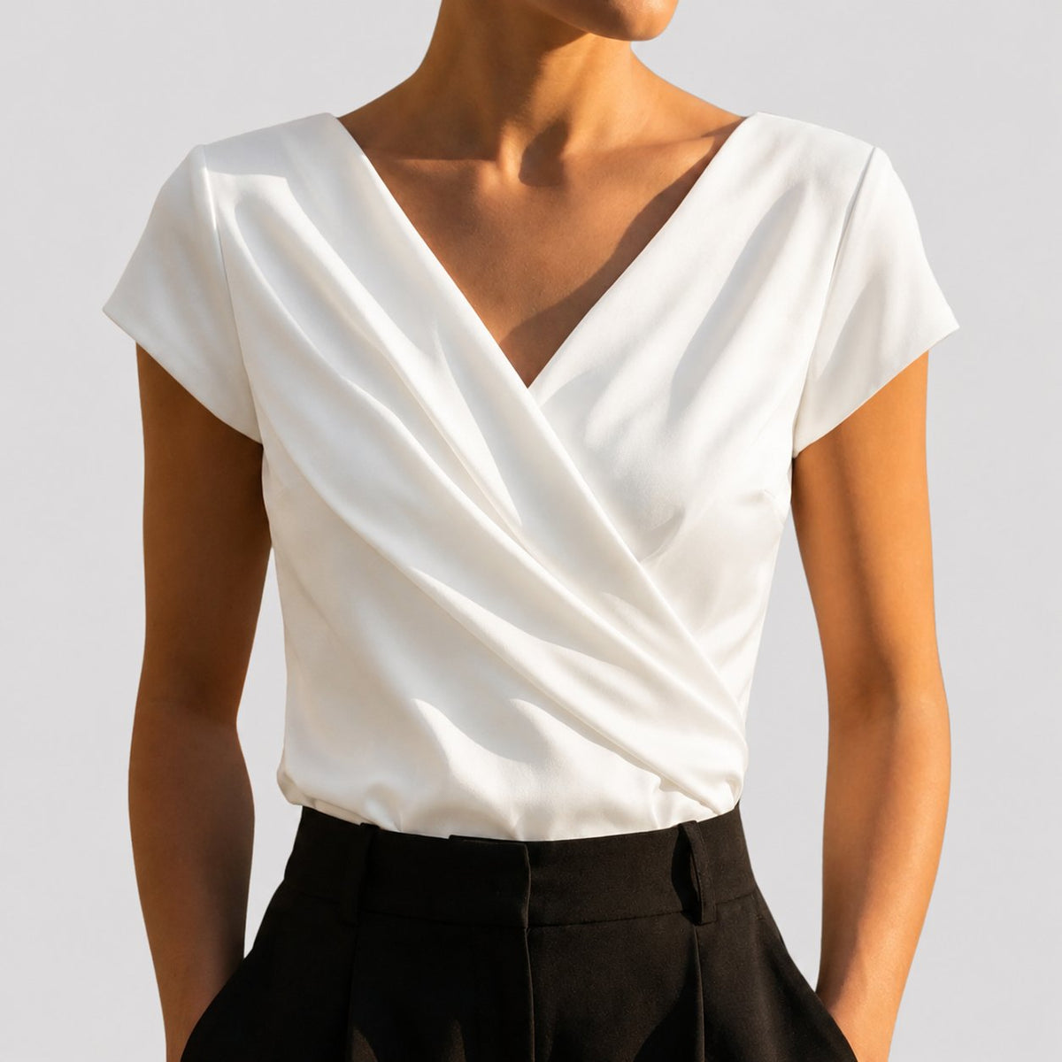 Women's Draped Wrap-Front Blouse in white, Elegant V-Neck