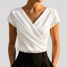 Women's Draped Wrap-Front Blouse in white, Elegant V-Neck