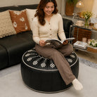 Women's Fillable Storage Ottoman Cover in black, Embroidered Round Stool
