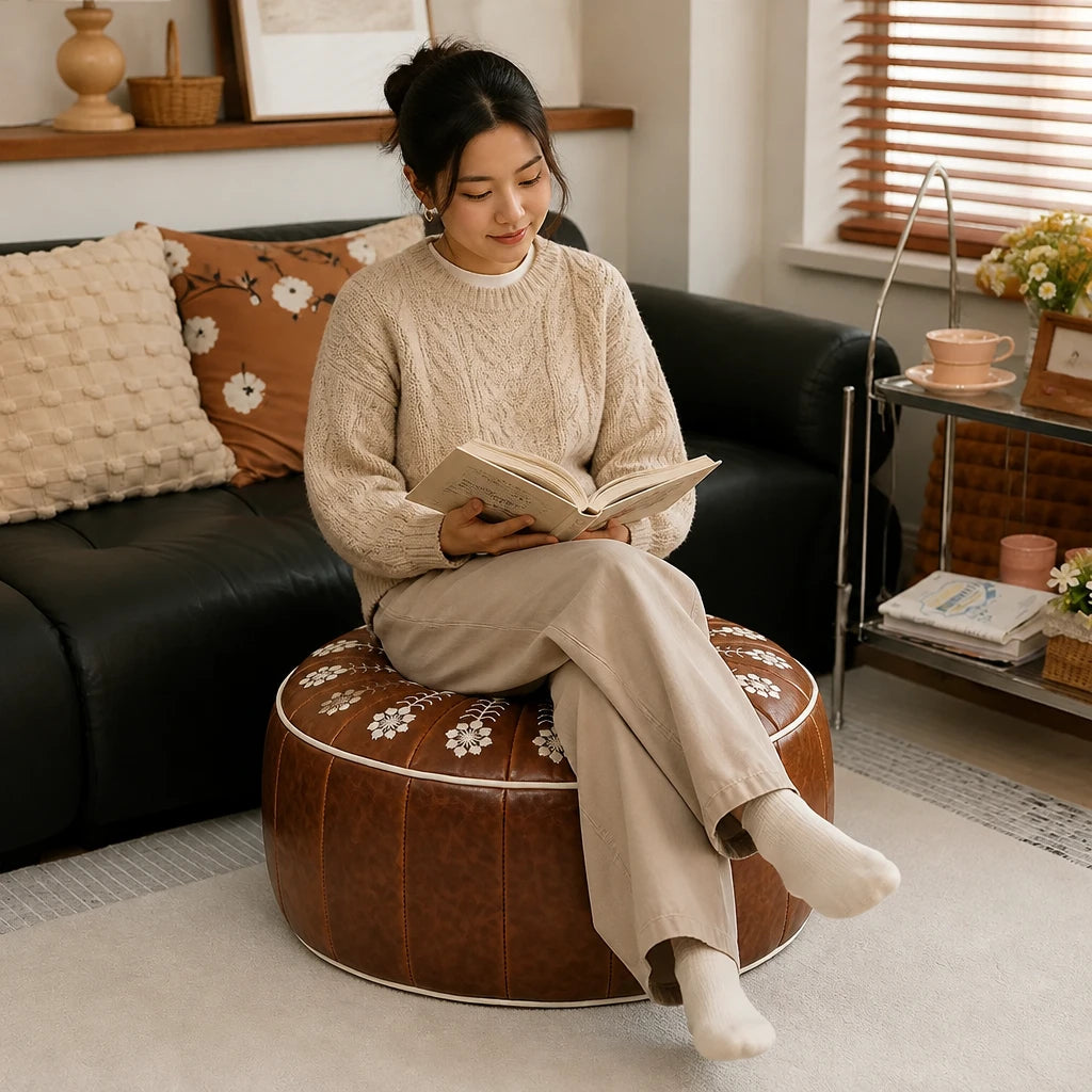 Women's Fillable Storage Ottoman Cover in brown, Embroidered Round Stool