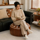 Women's Fillable Storage Ottoman Cover in brown, Embroidered Round Stool