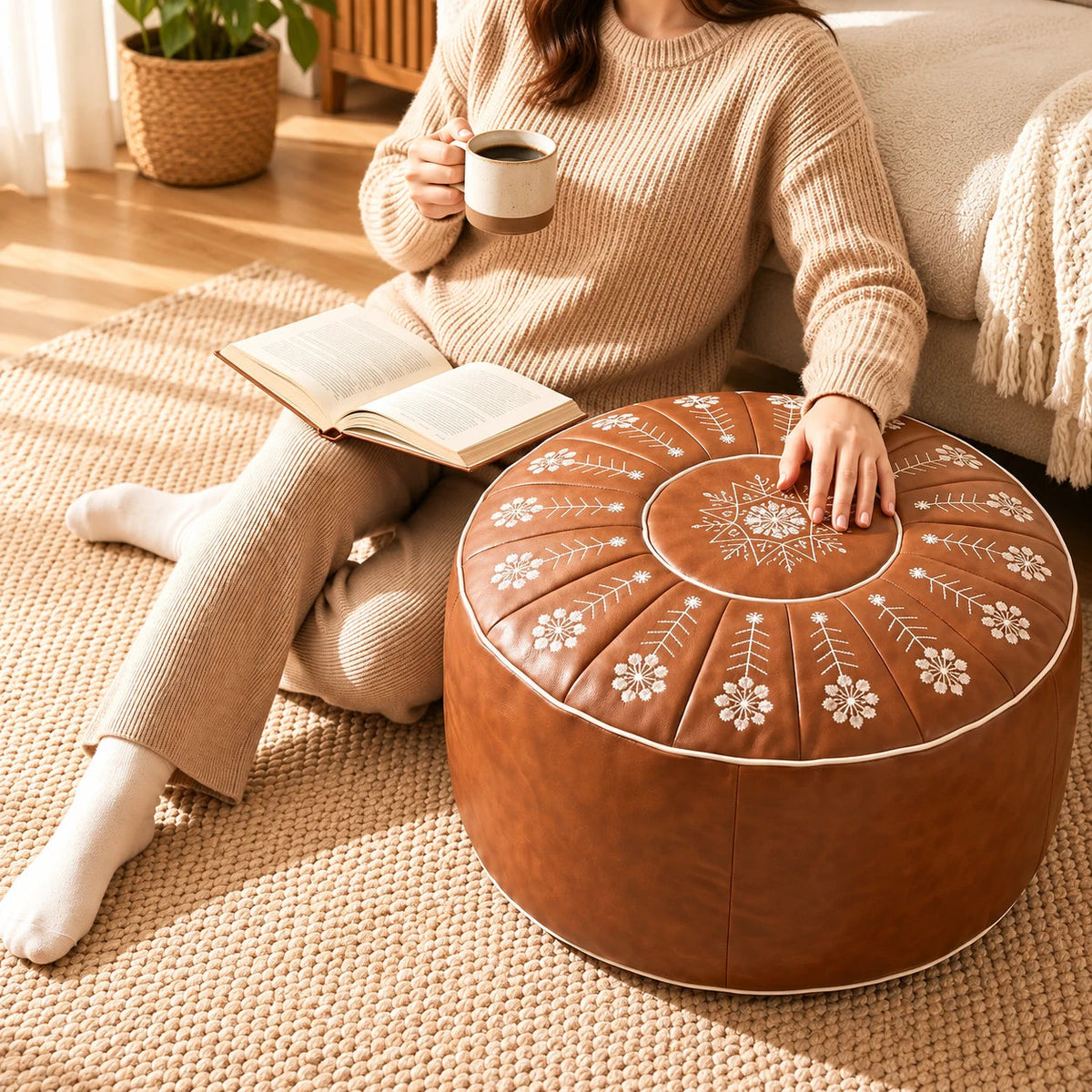 Women's Fillable Storage Ottoman Cover - Embroidered Round Stool