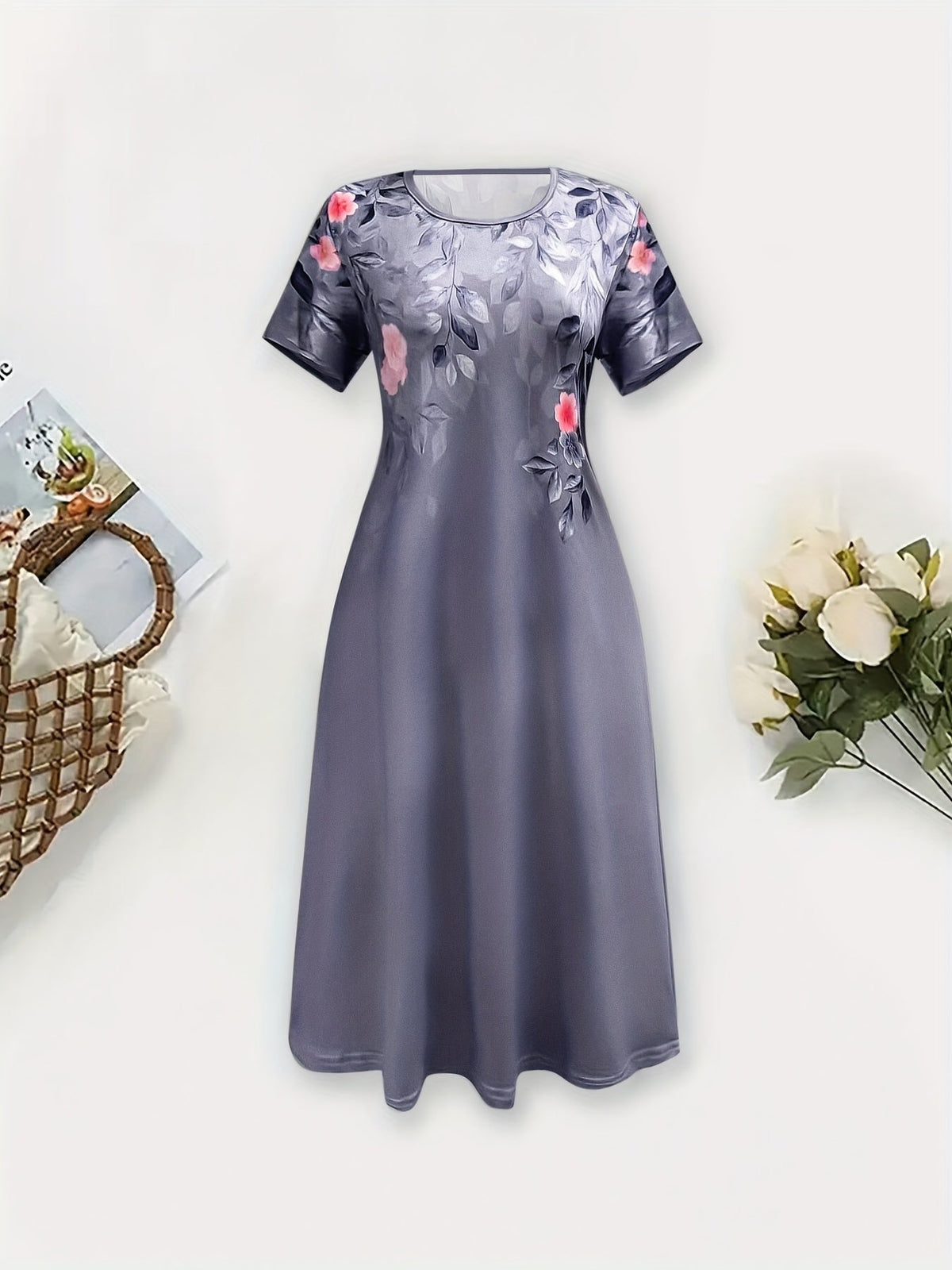 Women's Floral A-Line Dress - Elegant Short Sleeve