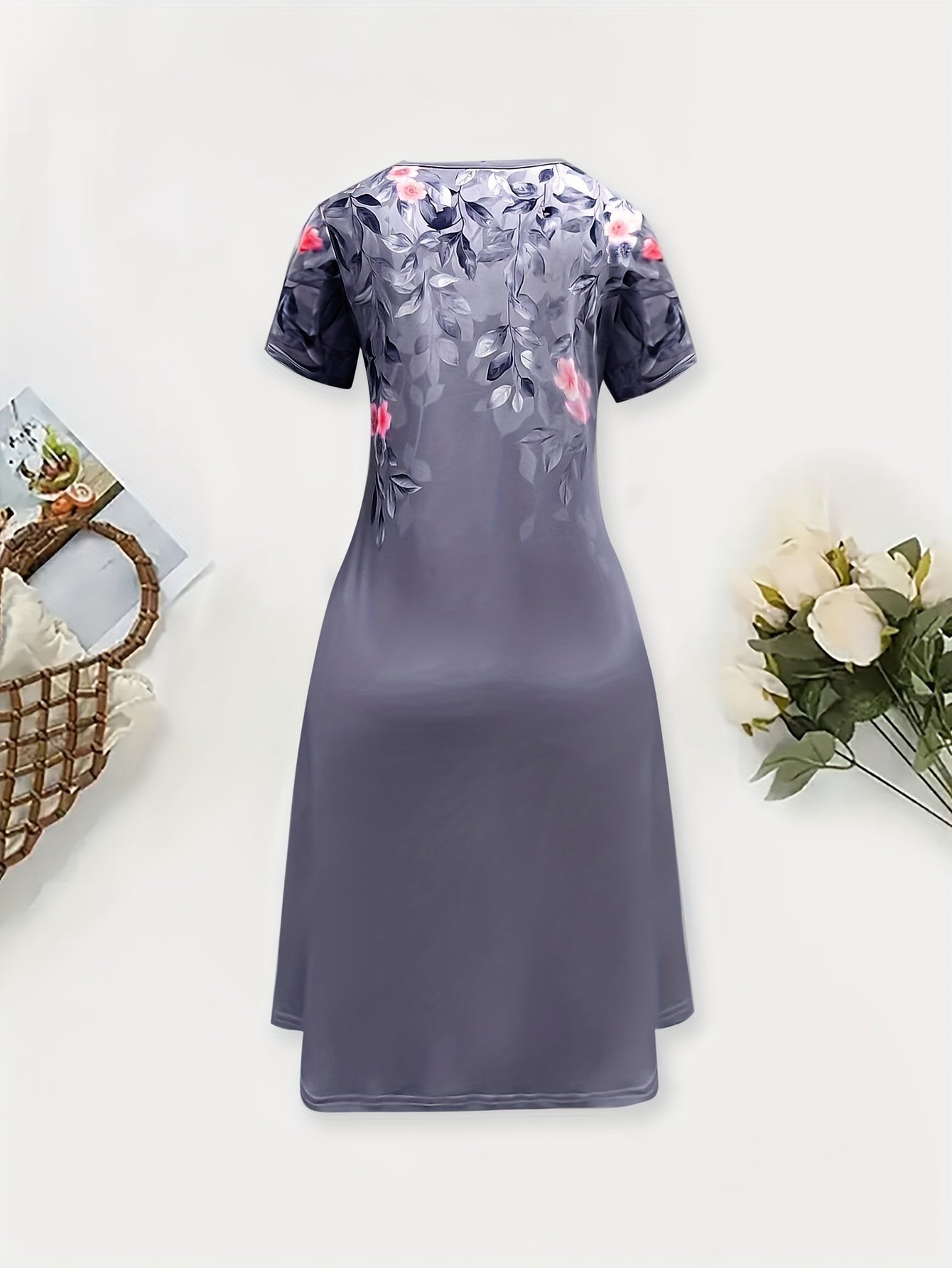 Women's Floral A-Line Dress - Elegant Short Sleeve