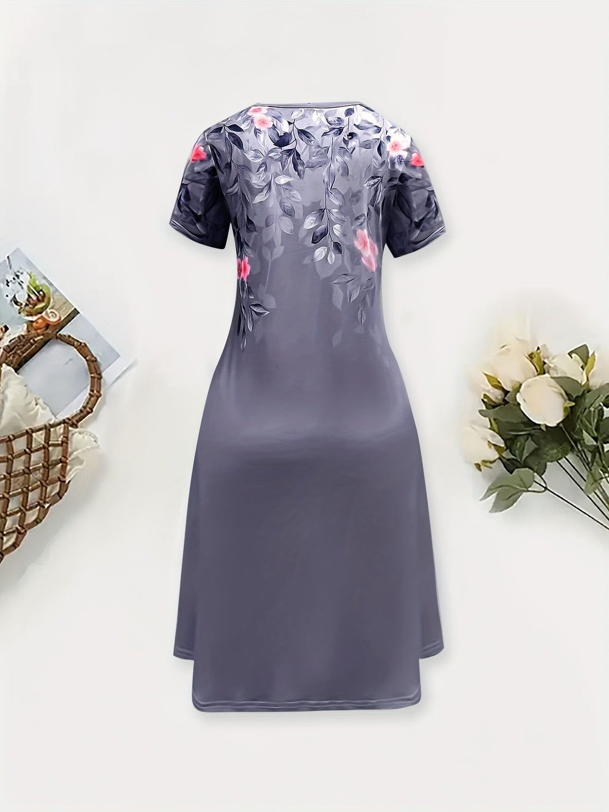 Women's Floral A-Line Dress - Elegant Short Sleeve