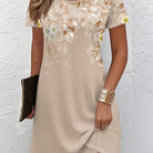 Women's Floral A-Line Dress in khaki, Elegant Short Sleeve