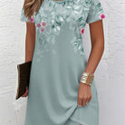 Women's Floral A-Line Dress in light blue, Elegant Short Sleeve