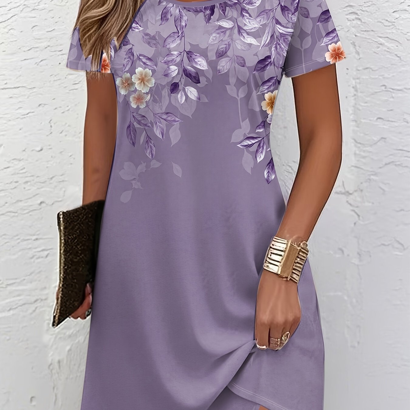 Women's Floral A-Line Dress in light purple, Elegant Short Sleeve