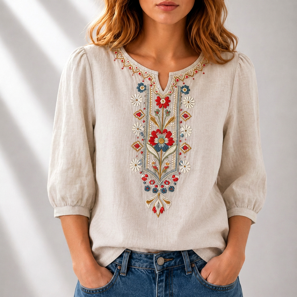 Women's Floral Embroidered Blouse in beige, Relaxed Fit